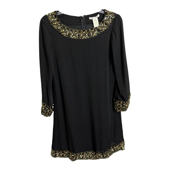 Alice + Olivia Women's A-Line Dress Black Silk W/ Gold Sequins Puff Sleeve Sz S - Picture 1 of 10